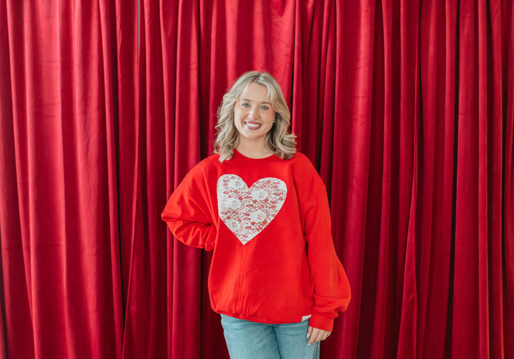 LACE HEART - RED CREWNECK (TODDLER + YOUTH + ADULT)