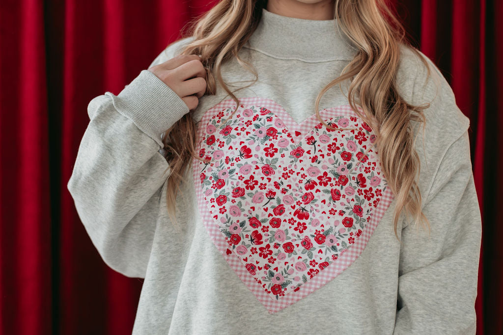 HEART - FLORAL HEARTS + PINK GINGHAM - GREY MOCKNECK