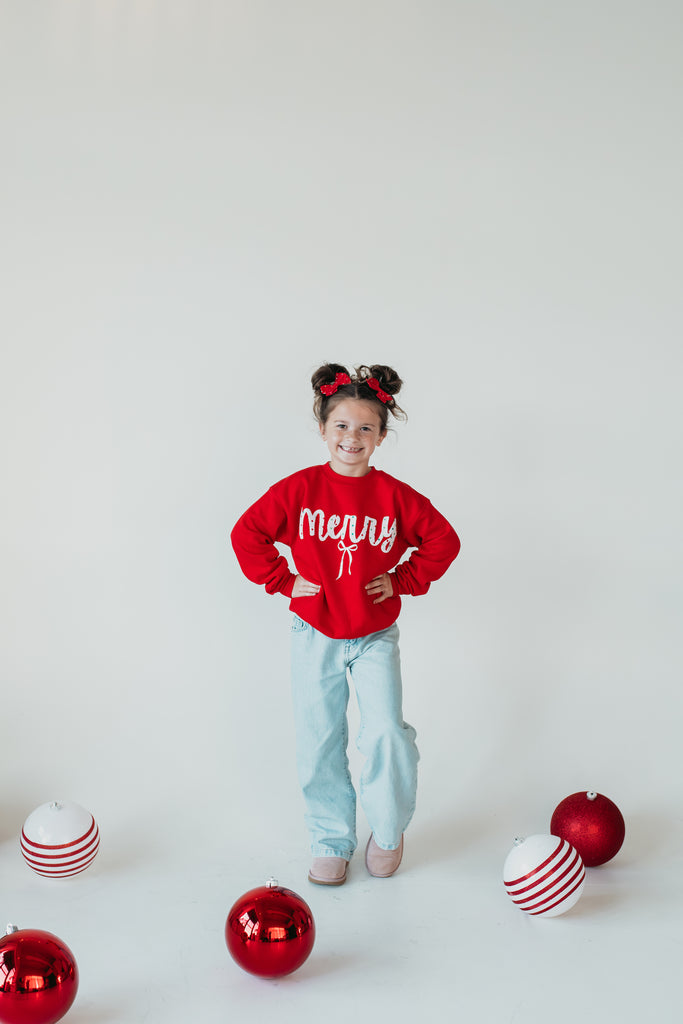 RED/GREEN POLKA DOT MERRY + BOW - RED CREWNECK (TODDLER + YOUTH + ADULT)