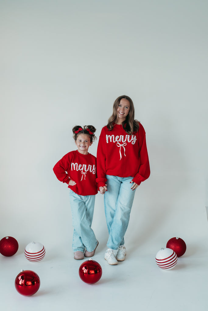 RED/GREEN POLKA DOT MERRY + BOW - RED CREWNECK (TODDLER + YOUTH + ADULT)