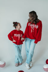 RED/GREEN POLKA DOT MERRY + BOW - RED CREWNECK (TODDLER + YOUTH + ADULT)