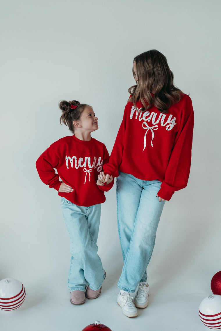 RED/GREEN POLKA DOT MERRY + BOW - RED CREWNECK (TODDLER + YOUTH + ADULT)