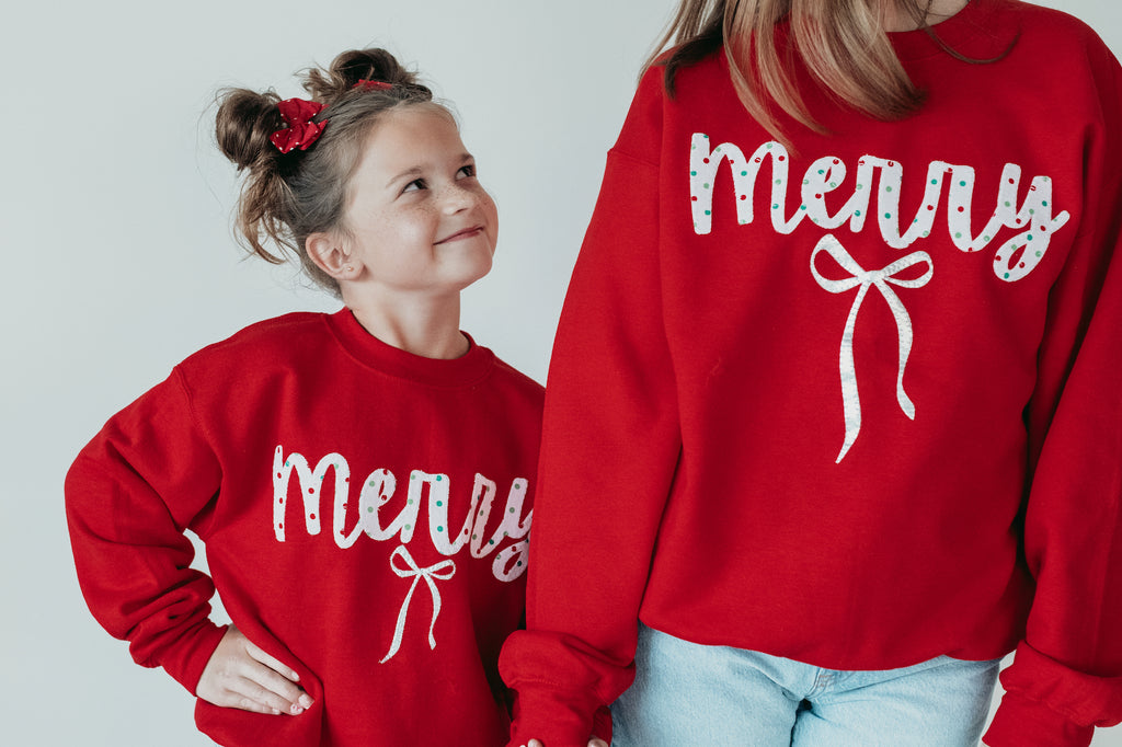RED/GREEN POLKA DOT MERRY + BOW - RED CREWNECK (TODDLER + YOUTH + ADULT)