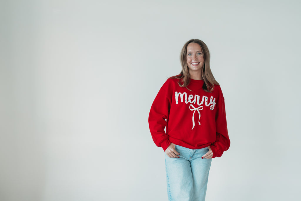 RED/GREEN POLKA DOT MERRY + BOW - RED CREWNECK (TODDLER + YOUTH + ADULT)