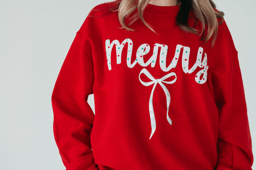 RED/GREEN POLKA DOT MERRY + BOW - RED CREWNECK (TODDLER + YOUTH + ADULT)