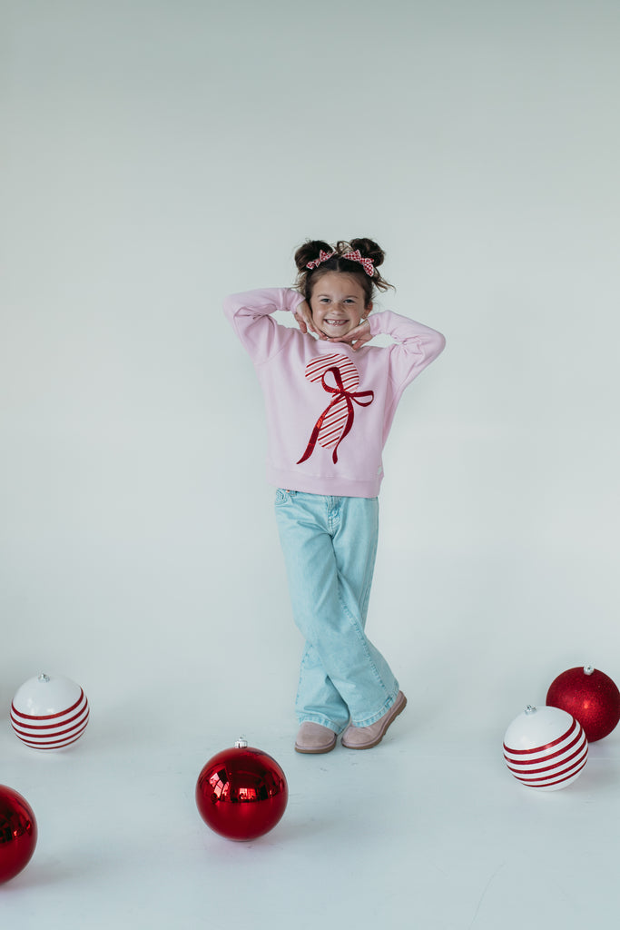 CANDY CANE + BOW - PINK CREWNECK (TODDLER + YOUTH + ADULT)