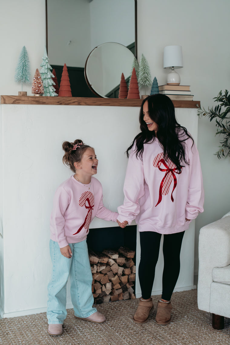 CANDY CANE + BOW - PINK CREWNECK (TODDLER + YOUTH + ADULT)