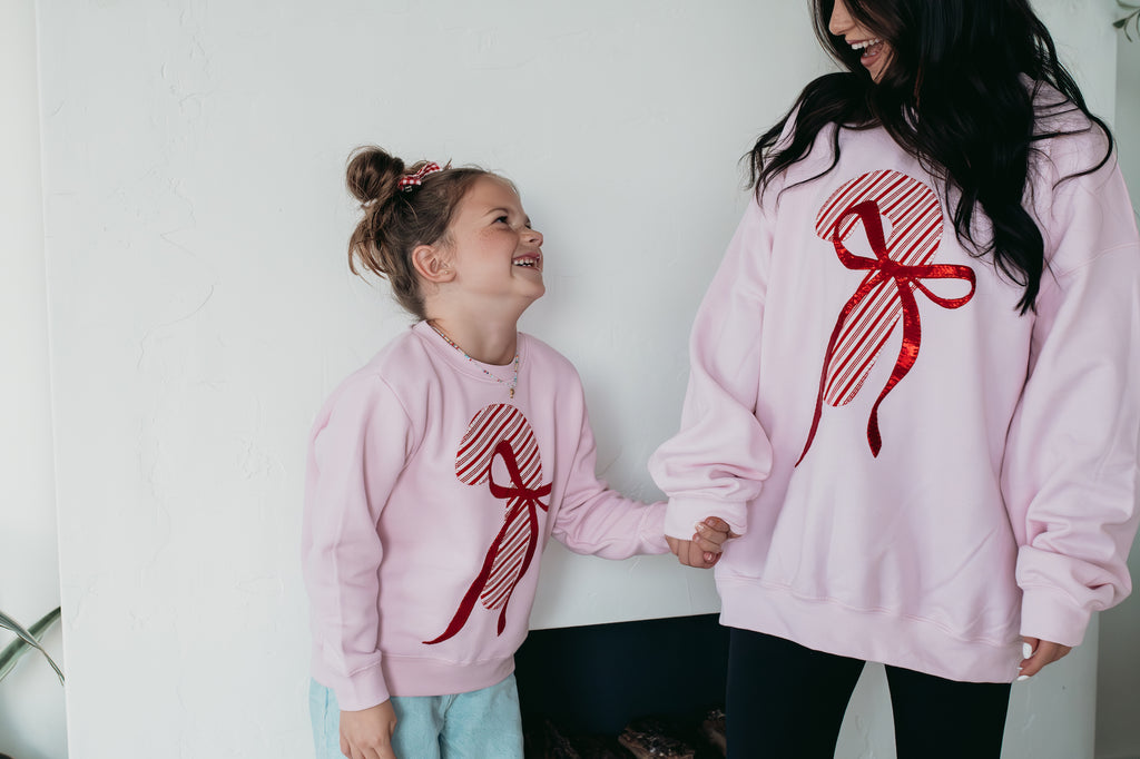 CANDY CANE + BOW - PINK CREWNECK (TODDLER + YOUTH + ADULT)