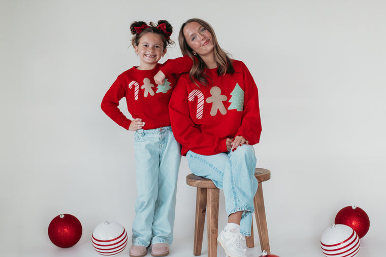 HOLIDAY SYMBOLS - RED CREWNECK (TODDLER + YOUTH + ADULT)