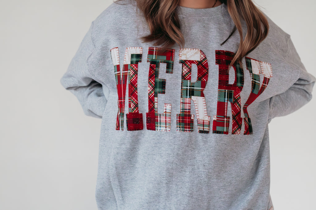 PATCHWORK MERRY - SPORT GREY CREW