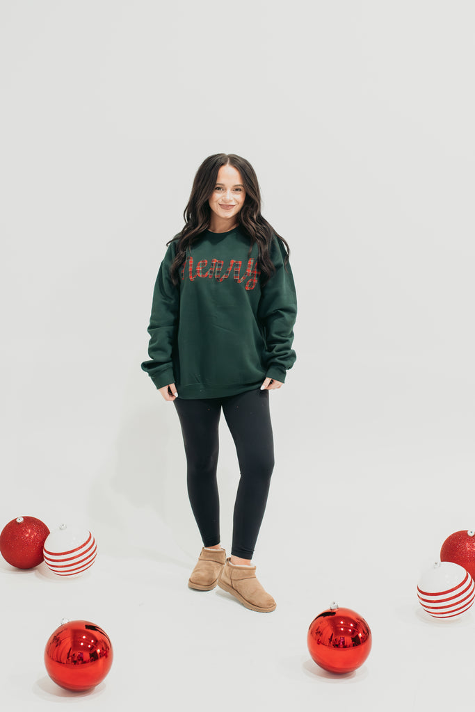 RED/GREEN FLANNEL CURSIVE MERRY - FOREST GREEN CREW