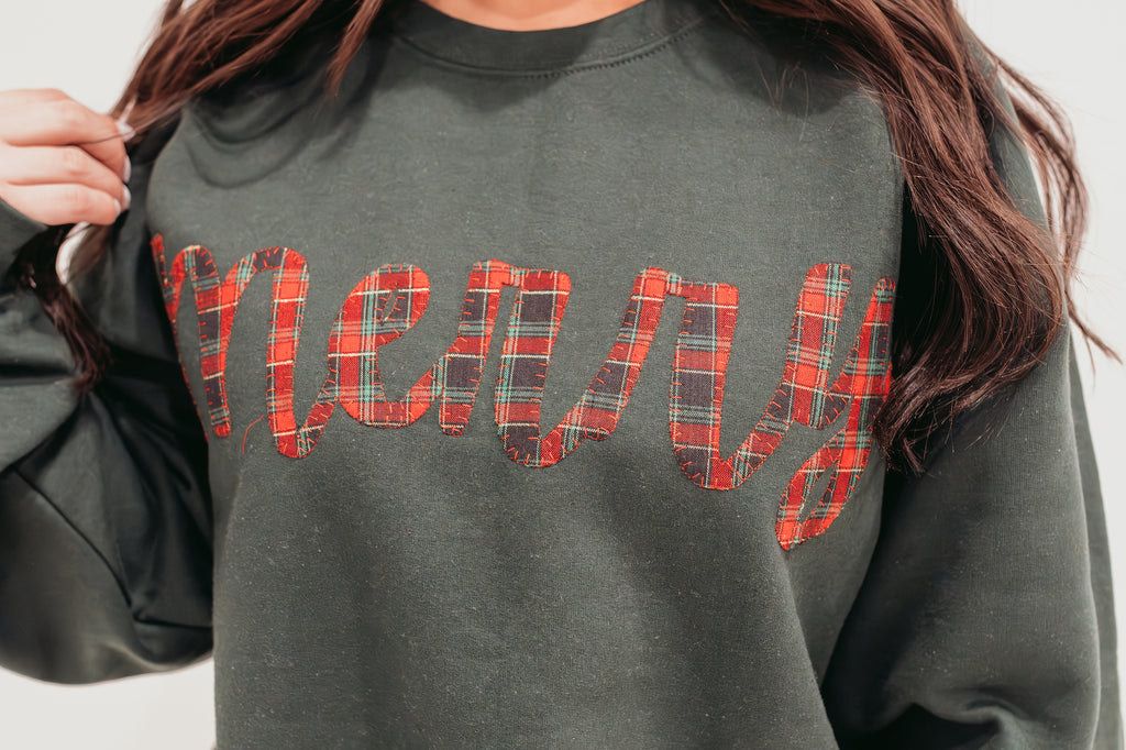 RED/GREEN FLANNEL CURSIVE MERRY - FOREST GREEN CREW
