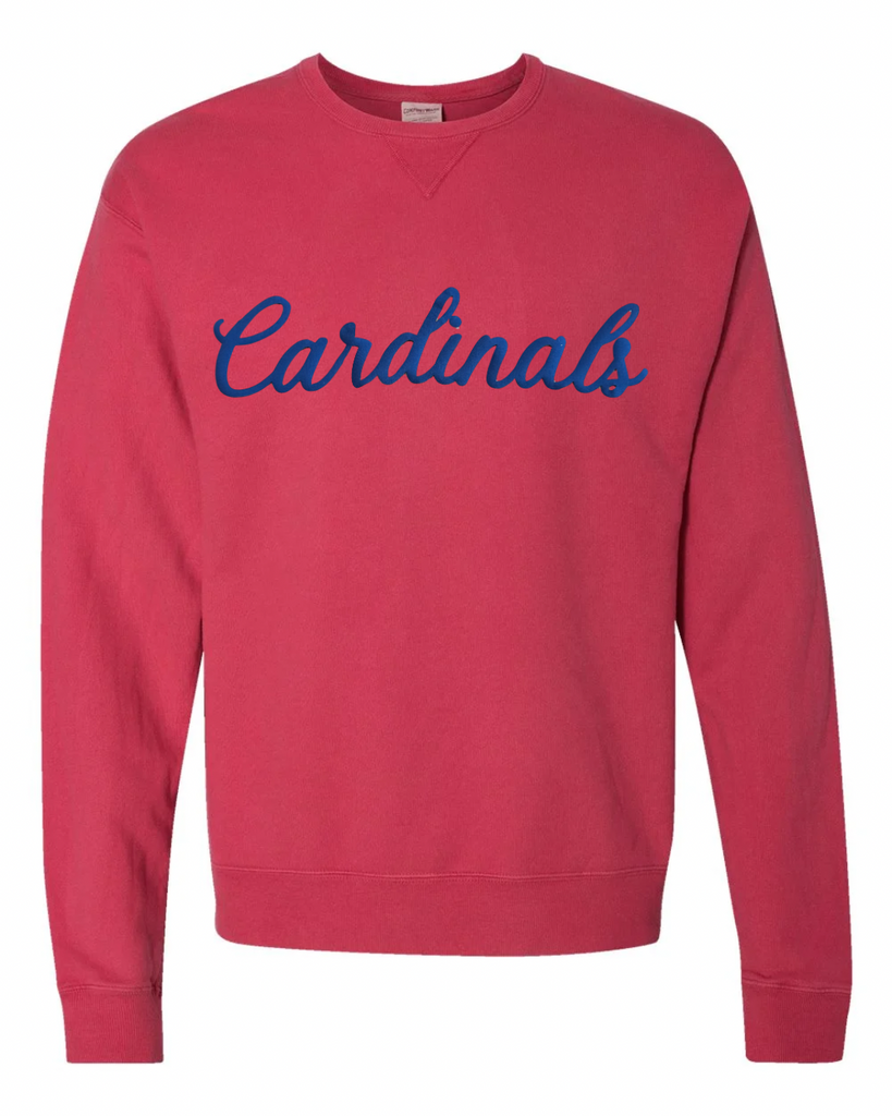 BLUE CURSIVE CARDINALS - RED COMFORTWASH CREW