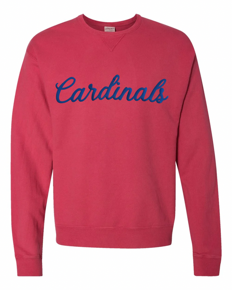BLUE CURSIVE CARDINALS - RED COMFORTWASH CREW