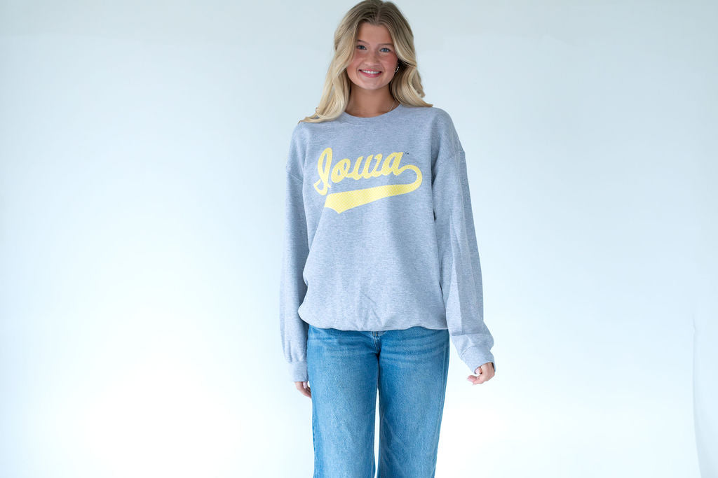 YELLOW + WHITE POLKA DOT CURSIVE IOWA - SPORT GREY CREW