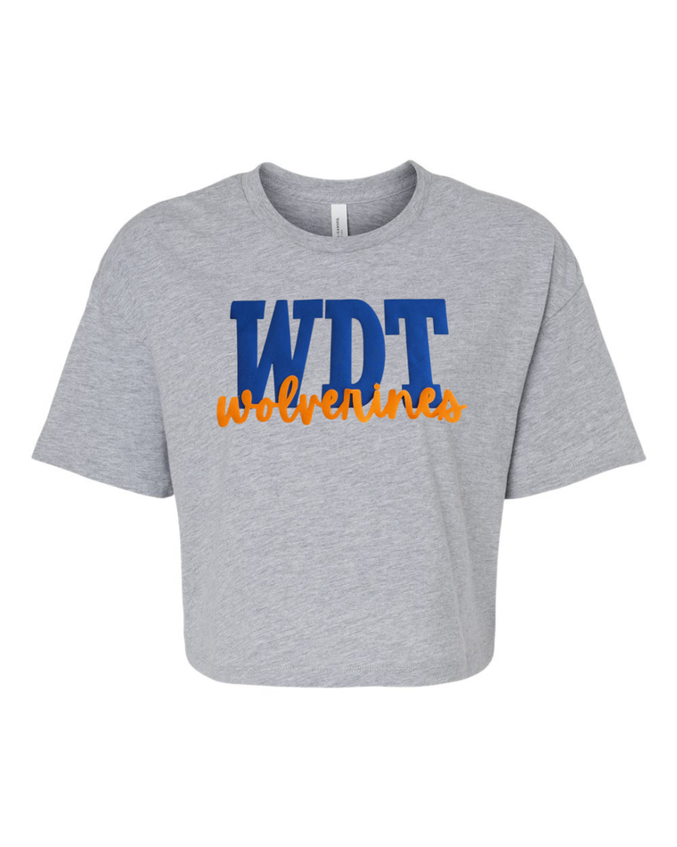 BLUE METALLIC WDT ORANGE WOLVERINES - GREY CROP TEE