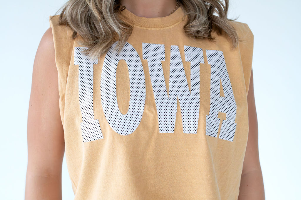 BLACK + WHITE POLKA DOT IOWA - MUSTARD MUSCLE TEE