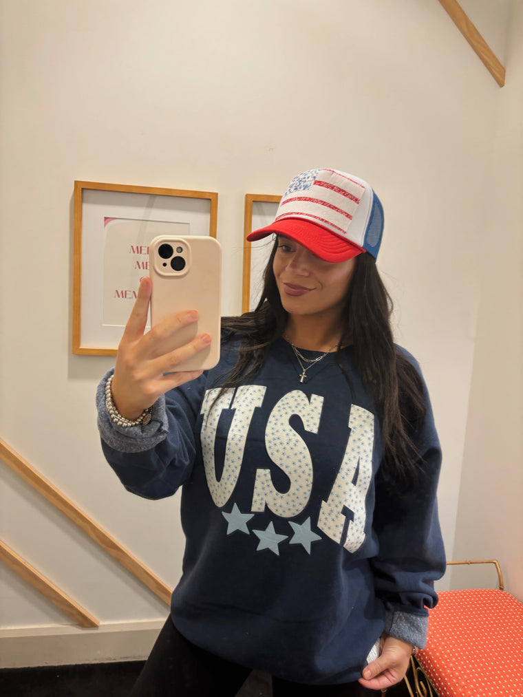 DAINTY BLUE FLORAL USA w/ LIGHT BLUE STARS - NAVY COMFORTWASH CREWNECK