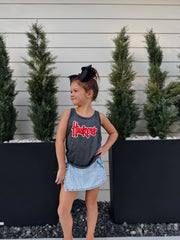 RED METALLIC/WHITE HUSKERS SCRIPT - YOUTH DARK GREY RAZORBACK TANK