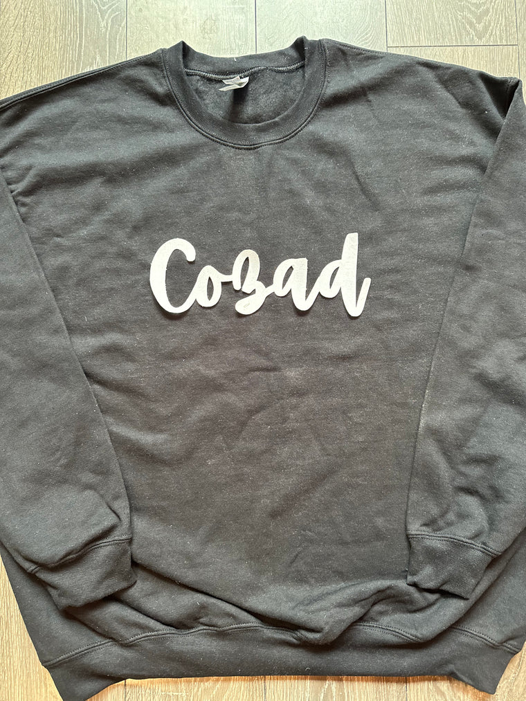 WHITE SPARKLE CURSIVE COZAD - BLACK CREWNECK (YOUTH + ADULT)