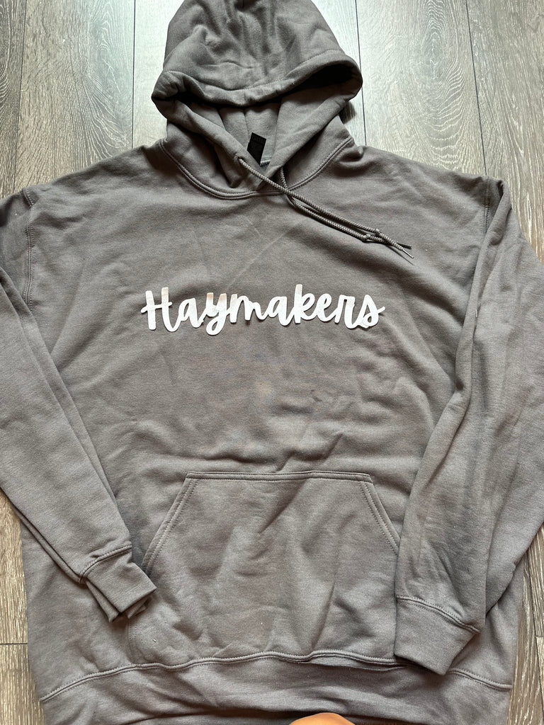 CURSIVE WHITE SPARKLE HAYMAKERS - CHARCOAL HOODIE (YOUTH + ADULT)