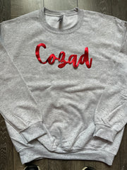 CURSIVE RED METALLIC COZAD - ASH GREY GILDAN CREWNECK