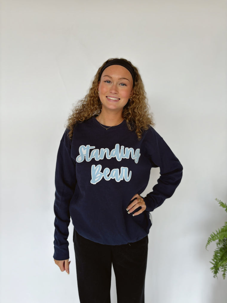 CURSIVE LIGHT BLUE/ WHITE SPARKLE STANDING BEAR - NAVY TULTEX CREW