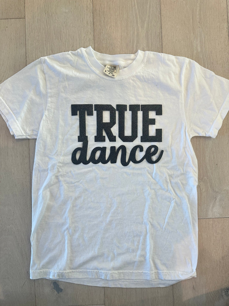 BLACK SPARKLE TRUE DANCE - WHITE COMFORT COLORS TEE - YOUTH + ADULT