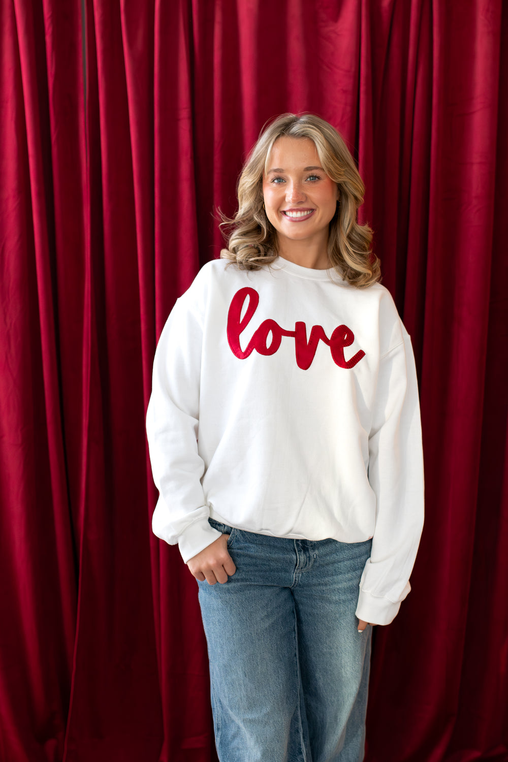 RED METALLIC CURSIVE LOVE - WHITE CREWNECK (TODDLER + YOUTH + ADULT)