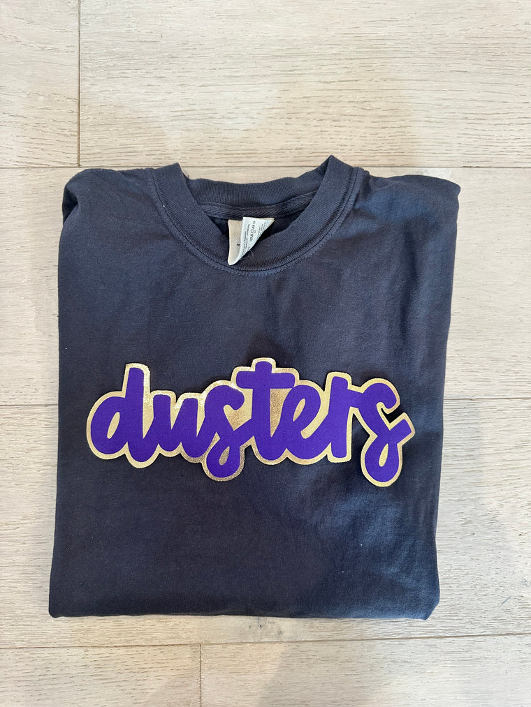 PURPLE/GOLD DUSTERS - BLACK COMFORT COLORS TEE - YOUTH + ADULT