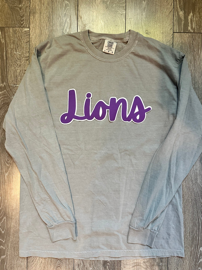 CURSIVE PURPLE/WHITE LIONS -LIGHT GREY COMFORT COLORS LONG SLEEVE TEE