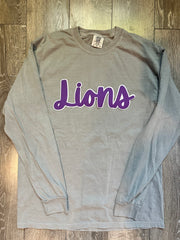 CURSIVE PURPLE/WHITE LIONS -LIGHT GREY COMFORT COLORS LONG SLEEVE TEE