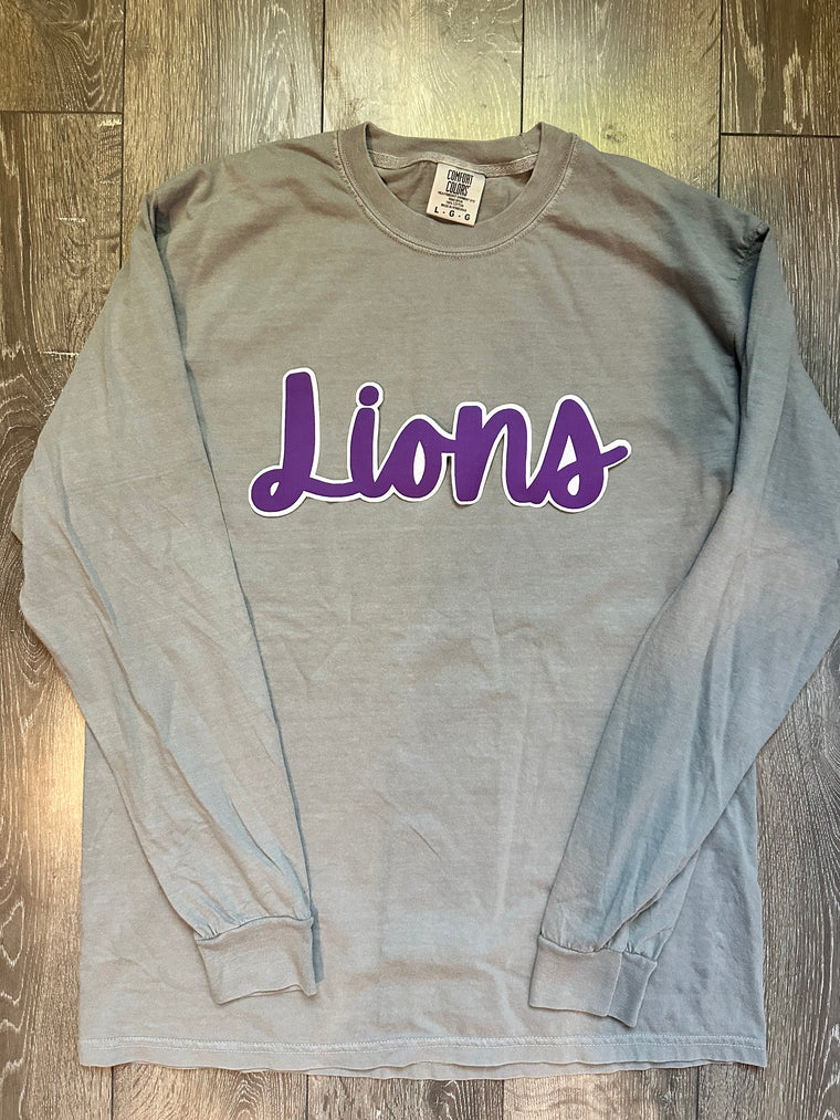CURSIVE PURPLE/WHITE LIONS -LIGHT GREY COMFORT COLORS LONG SLEEVE TEE