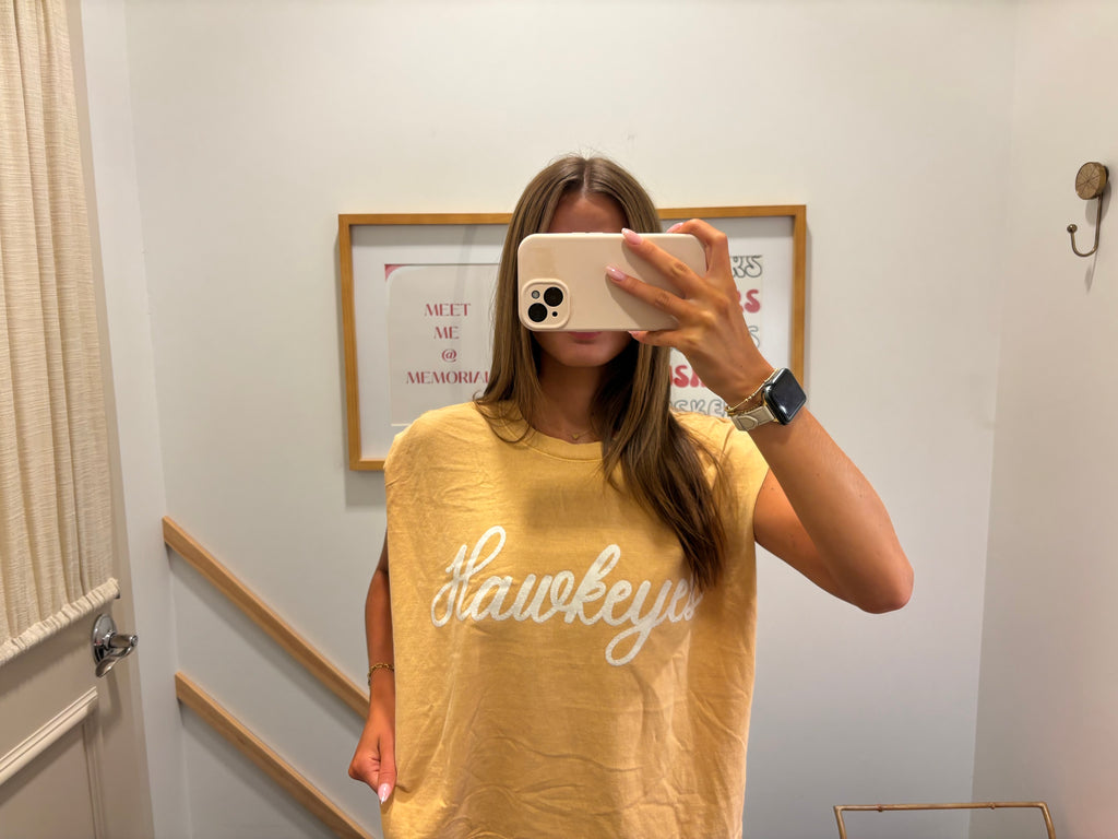 WHITE + BLACK TINY POLKA DOT HAWKEYES - MUSTARD MUSCLE TEE