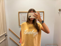 WHITE + BLACK TINY POLKA DOT HAWKEYES - MUSTARD MUSCLE TEE