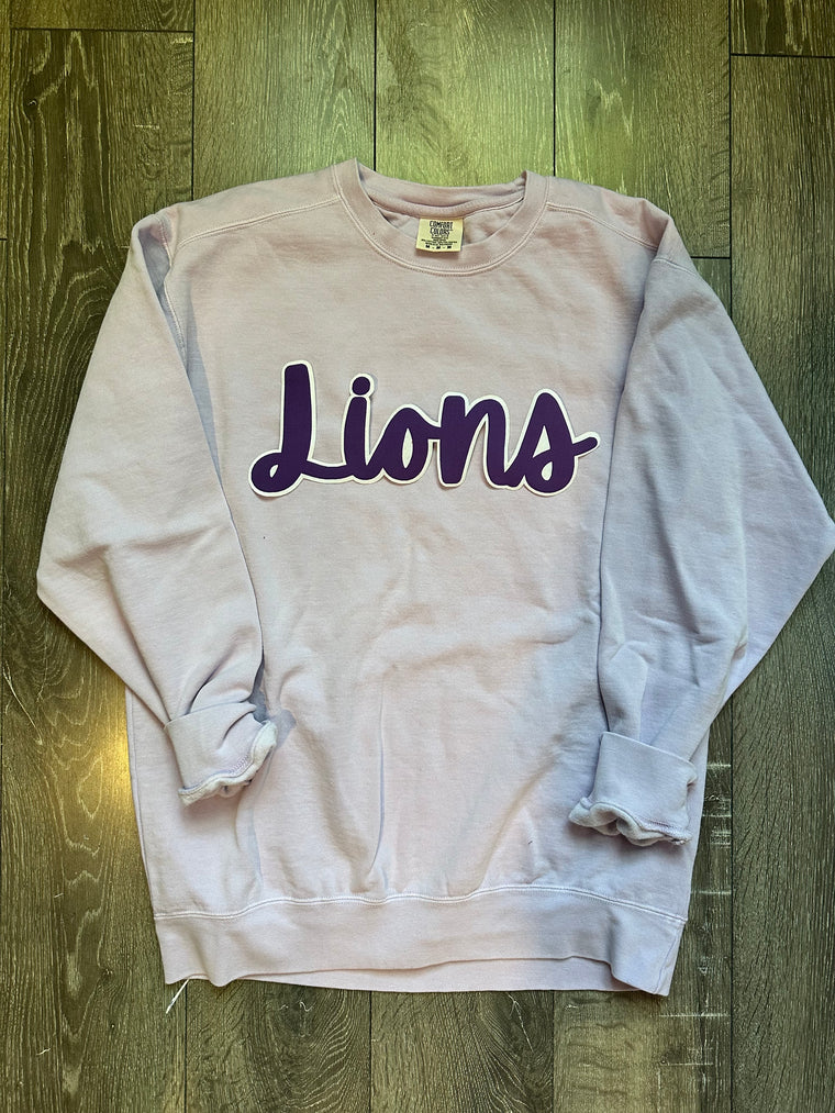 CURSIVE PURPLE/WHITE LIONS - ORCHID COMFORT COLORS CREWNECK