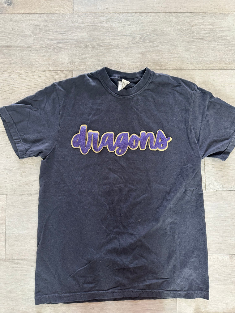 CURSIVE PURPLE/GOLD METALLIC DRAGONS - BLACK COMFORT COLORS TEE (YOUTH + ADULT)