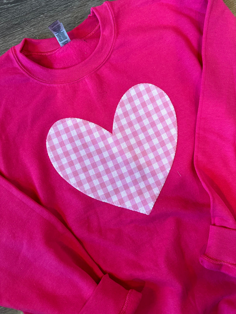 PINK GINGHAM HEART - HOT PINK CREW