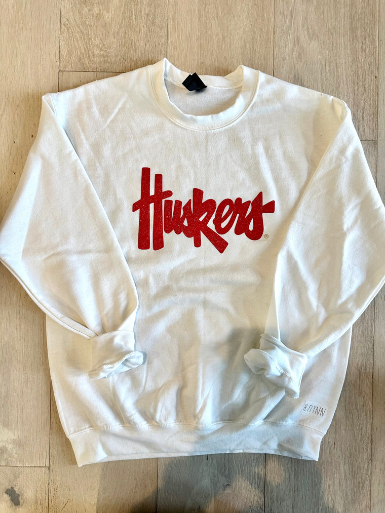 RED SPARKLE HUSKERS SCRIPT - WHITE CREW