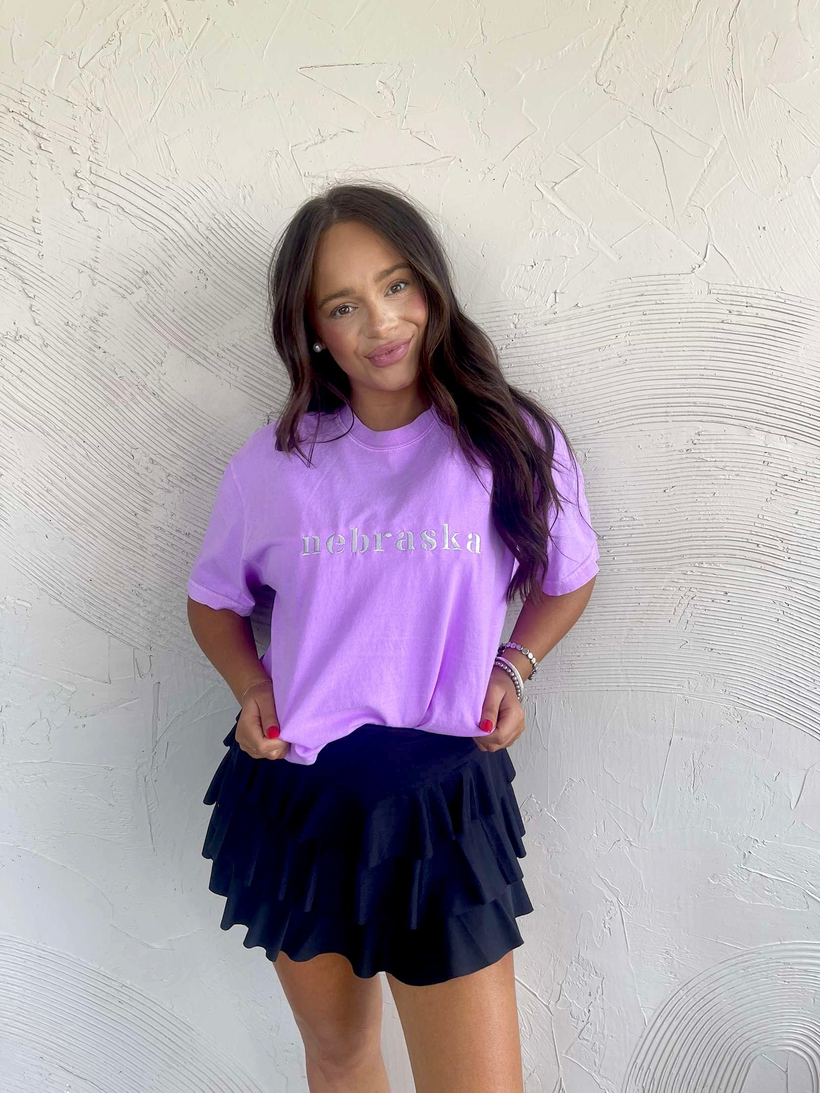 EMBROIDERED NEBRASKA - NEON VIOLET TEE – H.FLYNN