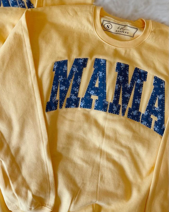 NAVY BLUE FLORAL MAMA - YELLOW CREWNECK