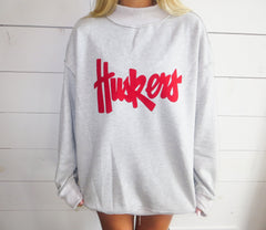 RED HUSKERS SCRIPT - GREY MOCKNECK