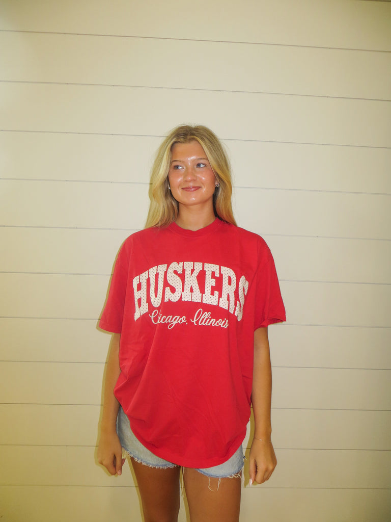 HUSKERS + LOCATION (dallas, vegas, or chicago) - RED TEE