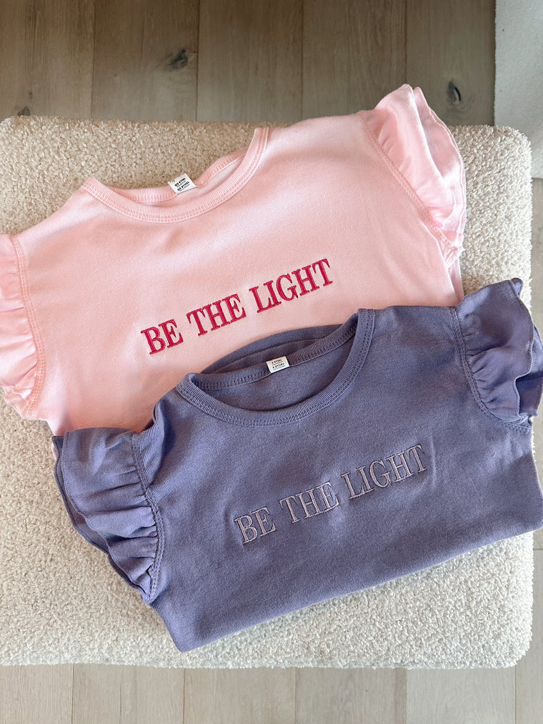 EMBROIDERED BE THE LIGHT - PURPLE TODDLER FLUTTER SLEEVE TEE