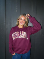 VINTAGE BERRY FLORAL NEBRASKA- MAROON CREW