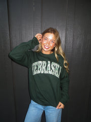 GREEN VINE FLORAL NEBRASKA - FOREST GREEN CREW
