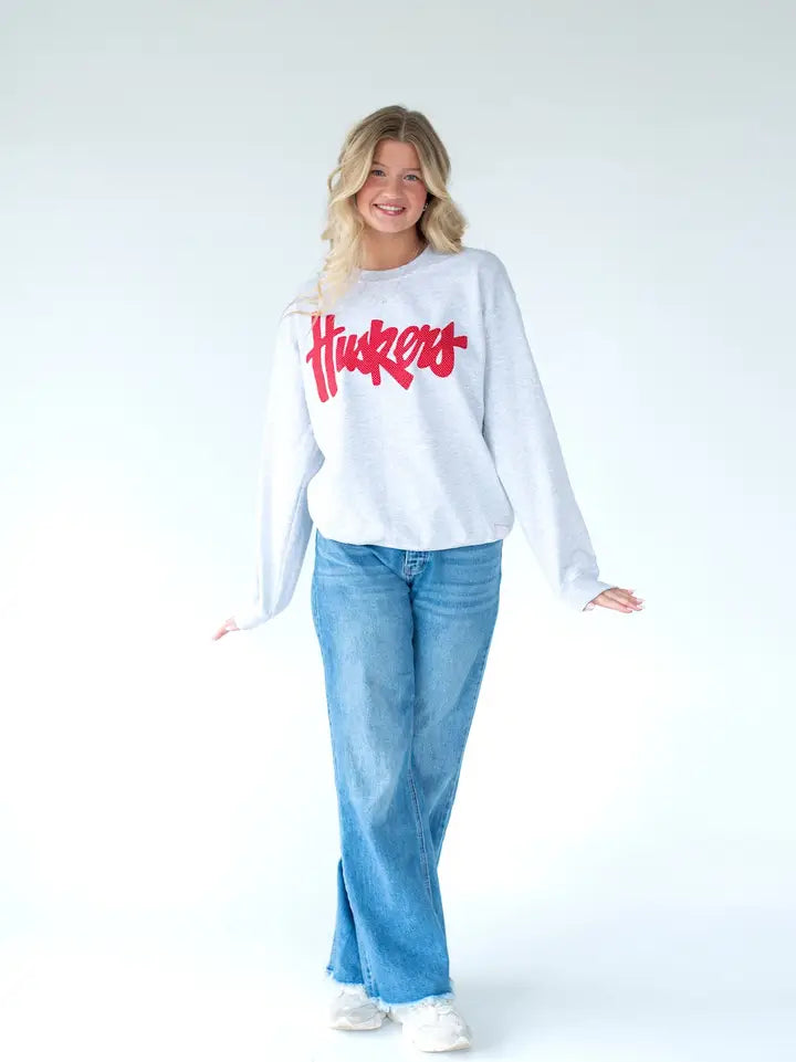 RED POLKA DOT HUSKERS SCRIPT - ASH CREWNECK