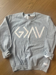 PINK PATCHWORK GOD IS GREATER THAN THE HIGHS AND LOWS SYMBOLS - SPORT GREY CREW