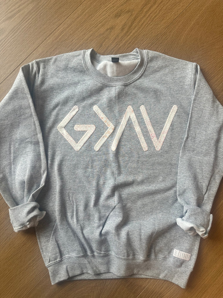 PINK PATCHWORK GOD IS GREATER THAN THE HIGHS AND LOWS SYMBOLS - SPORT GREY CREW
