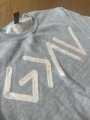 PINK PATCHWORK GOD IS GREATER THAN THE HIGHS AND LOWS SYMBOLS - SPORT GREY CREW